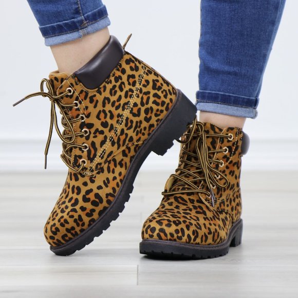 Shoes - Women's Leopard Combat Lace-up Ankle Boots Low Heel Casual Short Booties